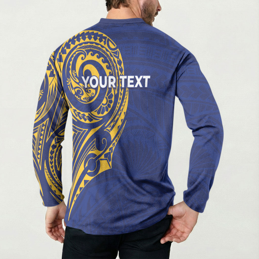 Personalised Nauru Angam Day Button Sweatshirt Gold Navy Tribal Pattern