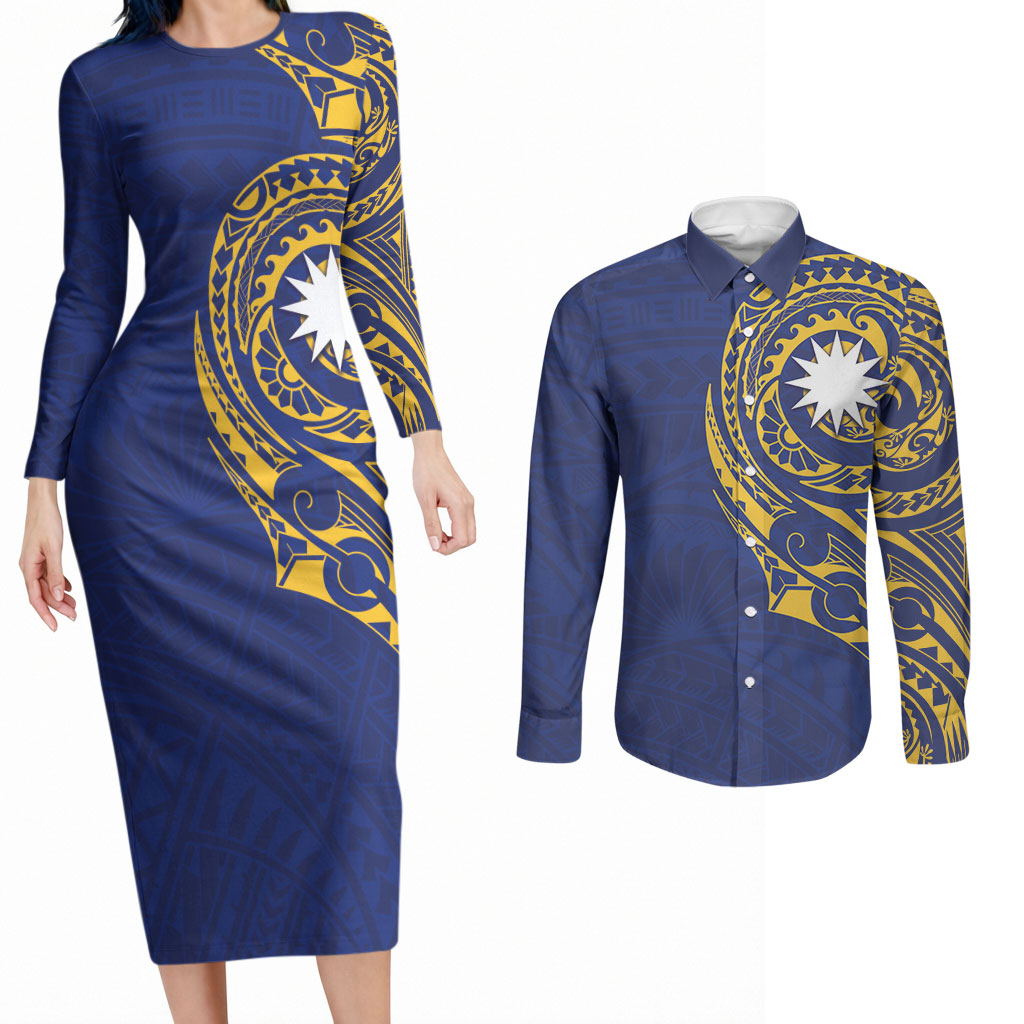 Personalised Nauru Angam Day Couples Matching Long Sleeve Bodycon Dress and Long Sleeve Button Shirt Gold Navy Tribal Pattern
