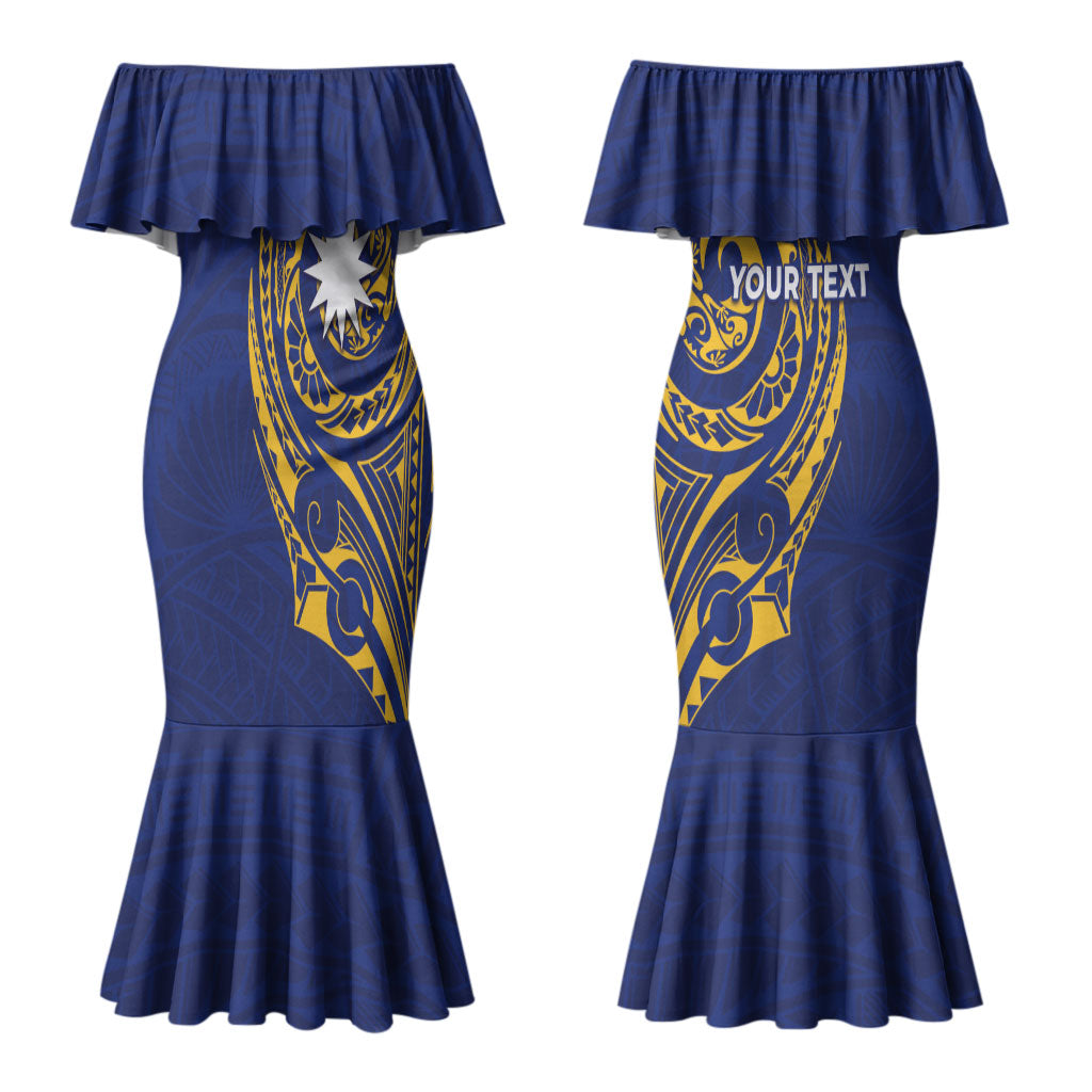 Personalised Nauru Angam Day Couples Matching Mermaid Dress and Long Sleeve Button Shirt Gold Navy Tribal Pattern
