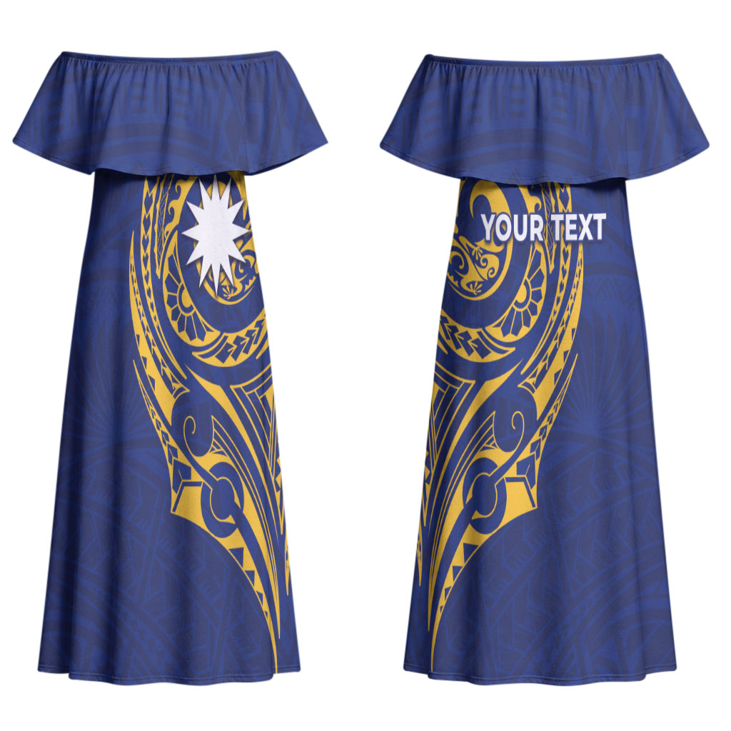 Personalised Nauru Angam Day Couples Matching Off Shoulder Maxi Dress and Hawaiian Shirt Gold Navy Tribal Pattern