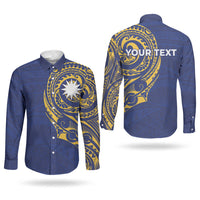 Personalised Nauru Angam Day Couples Matching Off Shoulder Maxi Dress and Long Sleeve Button Shirt Gold Navy Tribal Pattern