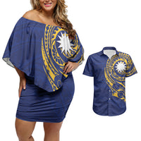 Personalised Nauru Angam Day Couples Matching Off Shoulder Short Dress and Hawaiian Shirt Gold Navy Tribal Pattern