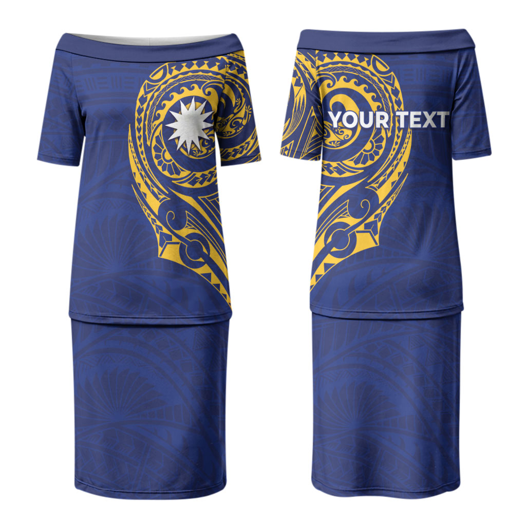 Personalised Nauru Angam Day Couples Matching Puletasi and Long Sleeve Button Shirt Gold Navy Tribal Pattern