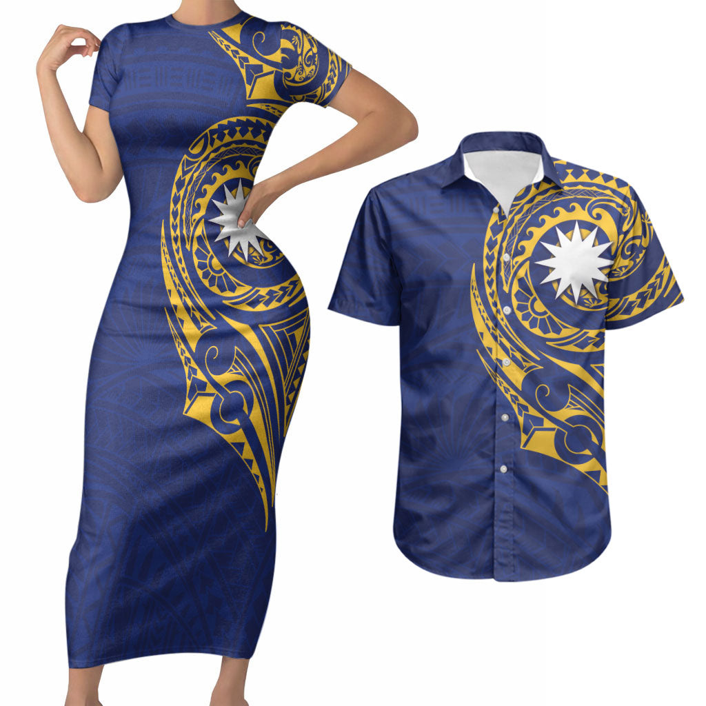 Personalised Nauru Angam Day Couples Matching Short Sleeve Bodycon Dress and Hawaiian Shirt Gold Navy Tribal Pattern