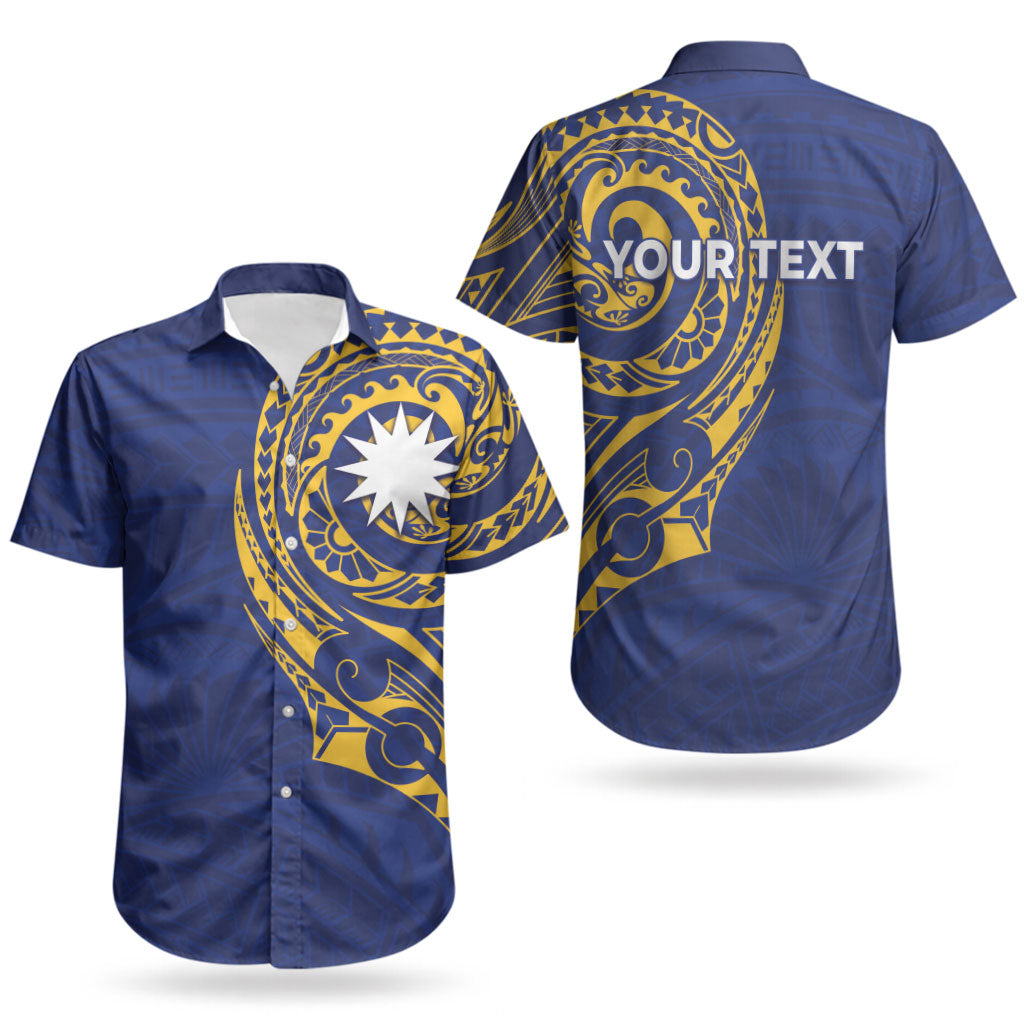 Personalised Nauru Angam Day Couples Matching Summer Maxi Dress and Hawaiian Shirt Gold Navy Tribal Pattern