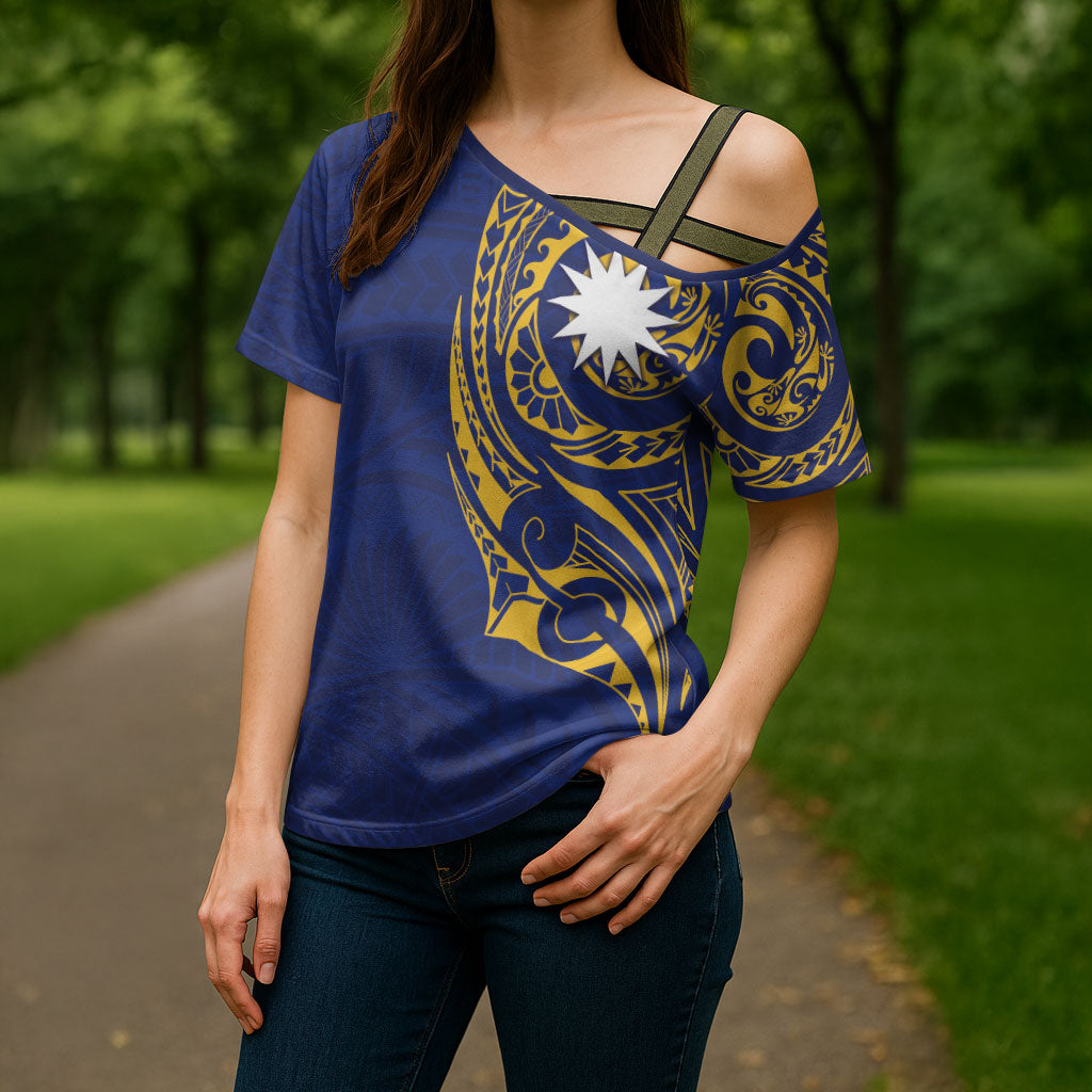 Personalised Nauru Angam Day Cross Shoulder Shirt Gold Navy Tribal Pattern