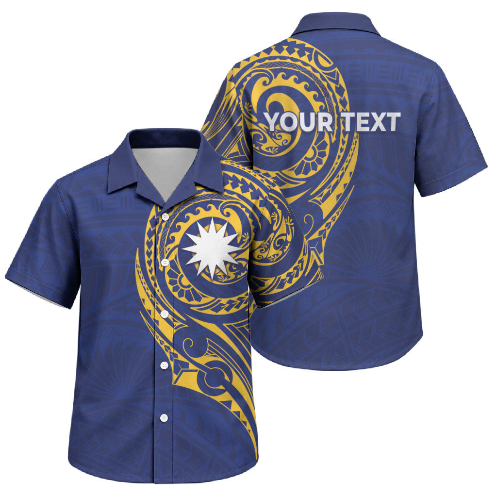 Personalised Nauru Angam Day Family Matching Long Sleeve Bodycon Dress and Hawaiian Shirt Gold Navy Tribal Pattern
