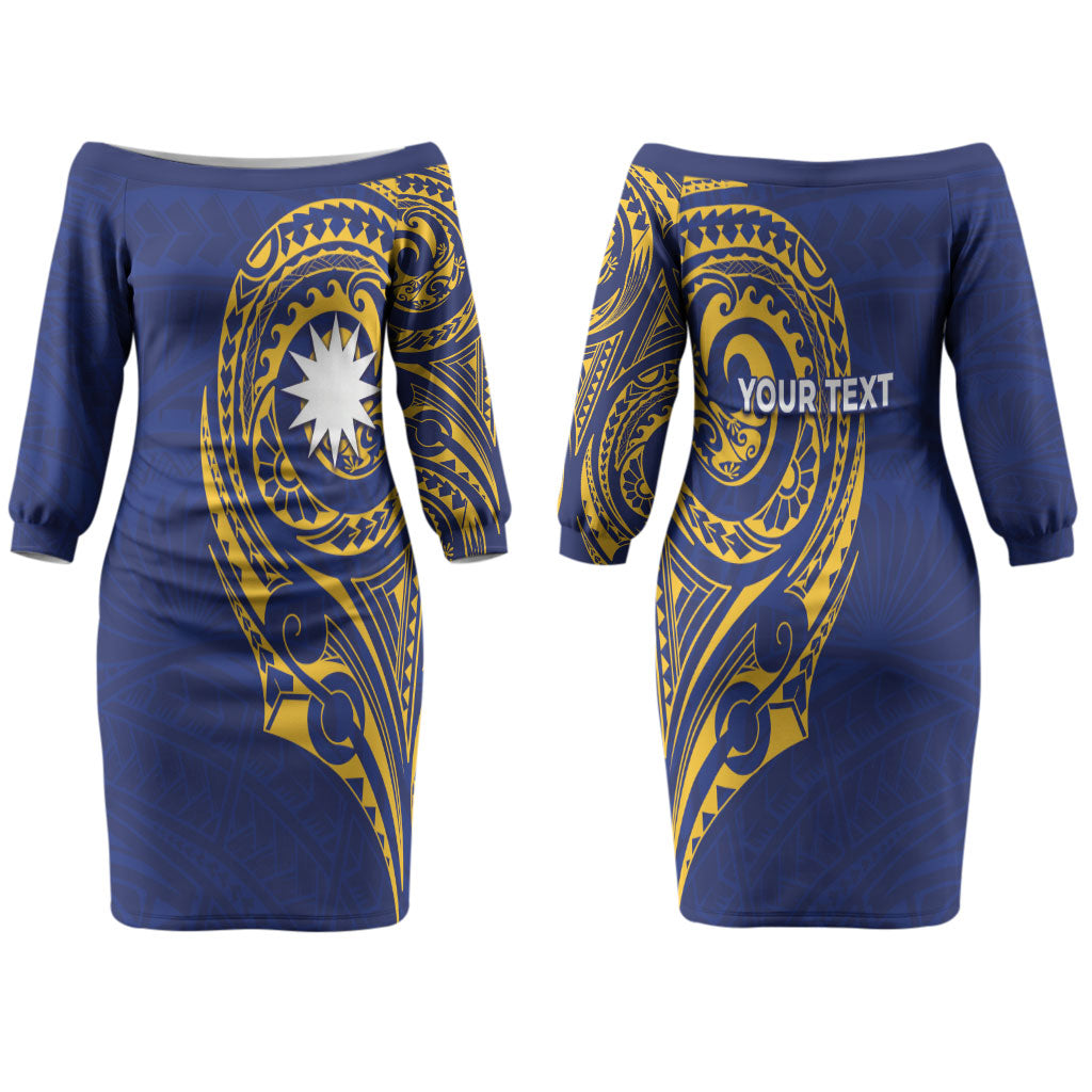 Personalised Nauru Angam Day Family Matching Off The Shoulder Long Sleeve Dress and Hawaiian Shirt Gold Navy Tribal Pattern