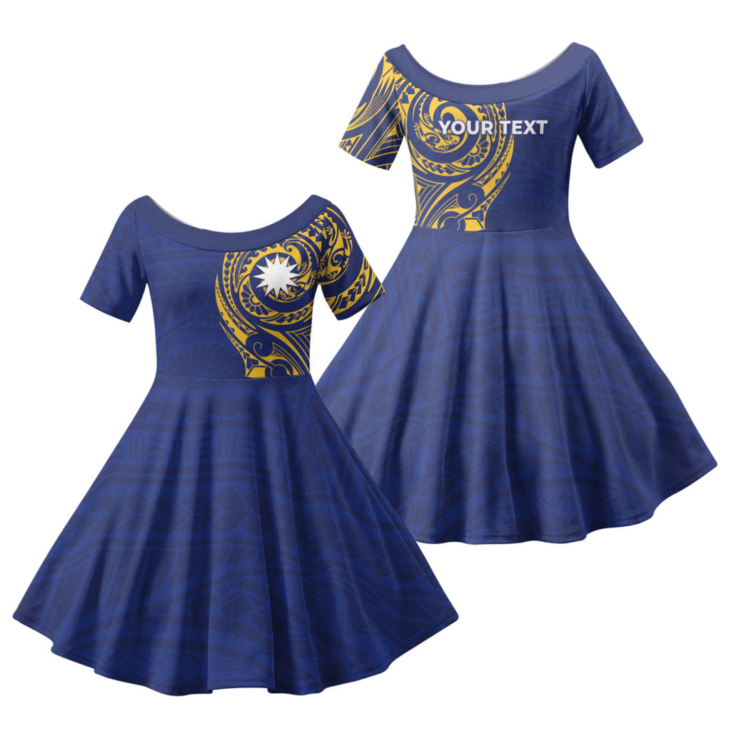 Personalised Nauru Angam Day Family Matching Off Shoulder Maxi Dress and Hawaiian Shirt Gold Navy Tribal Pattern