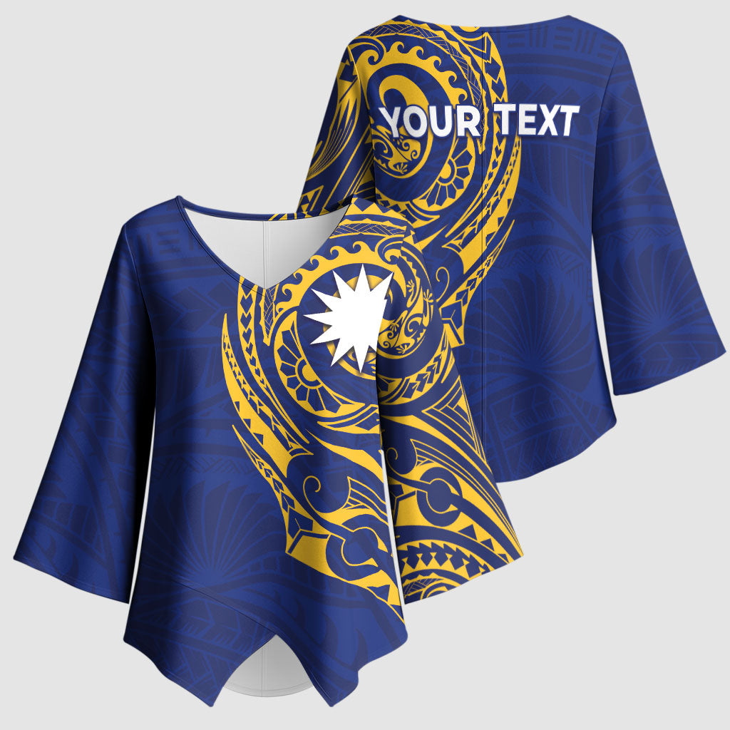 Personalised Nauru Angam Day Kimono Sleeve Blouse Gold Navy Tribal Pattern