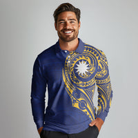 Personalised Nauru Angam Day Long Sleeve Polo Shirt Gold Navy Tribal Pattern