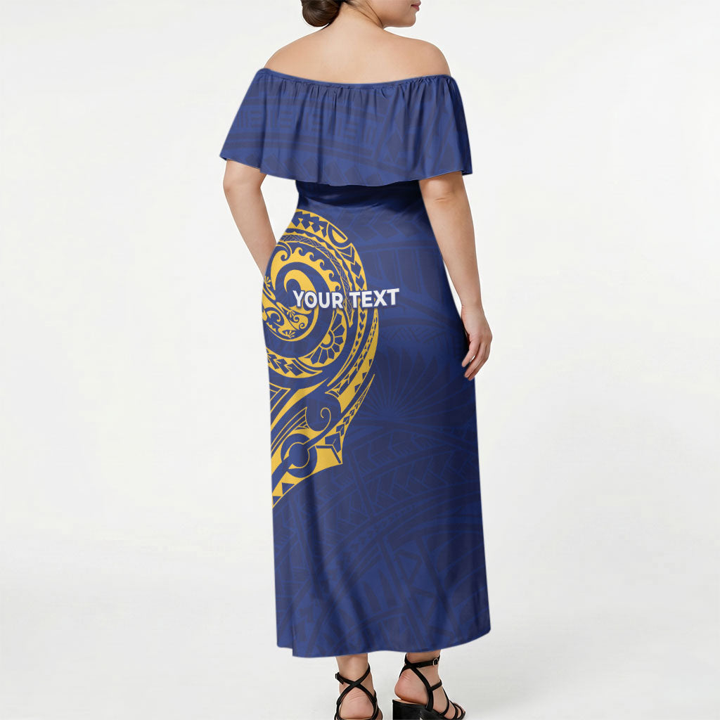 Personalised Nauru Angam Day Off Shoulder Maxi Dress Gold Navy Tribal Pattern