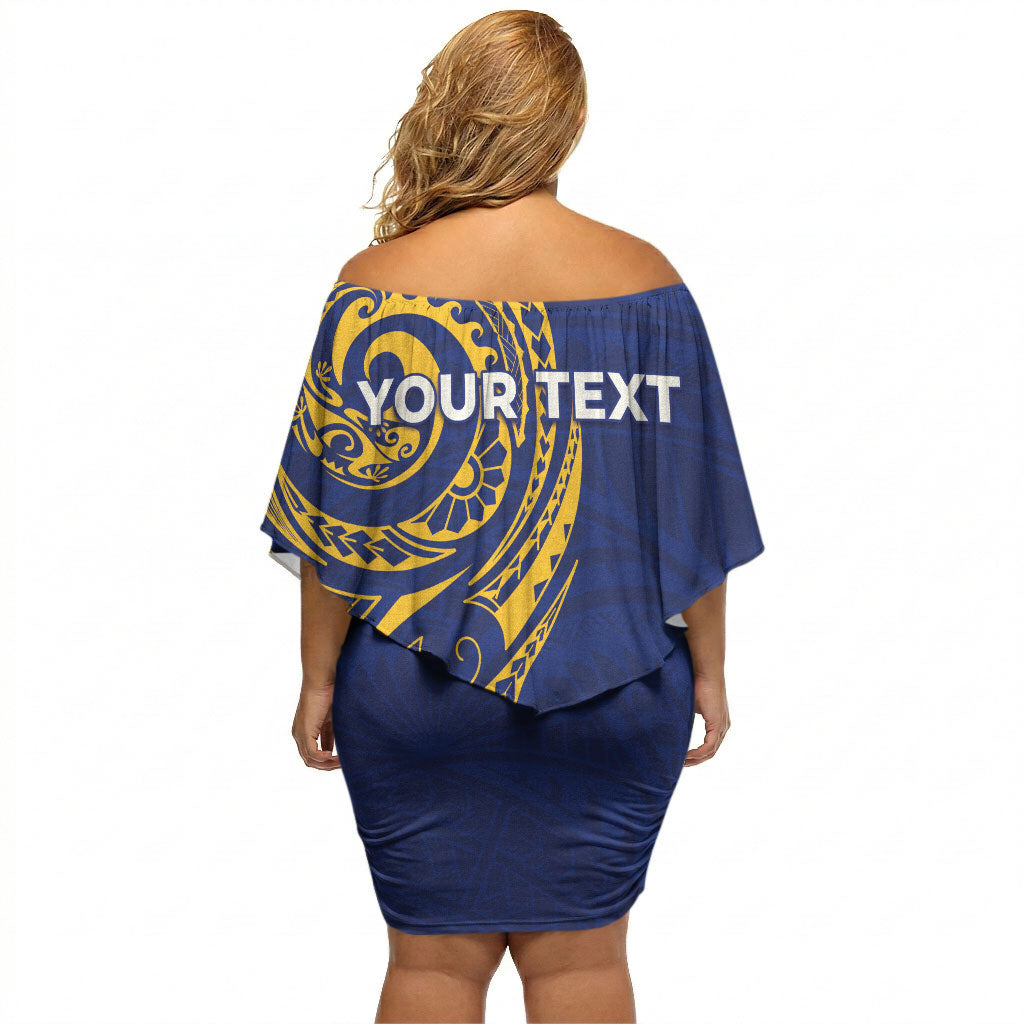 Personalised Nauru Angam Day Off Shoulder Short Dress Gold Navy Tribal Pattern