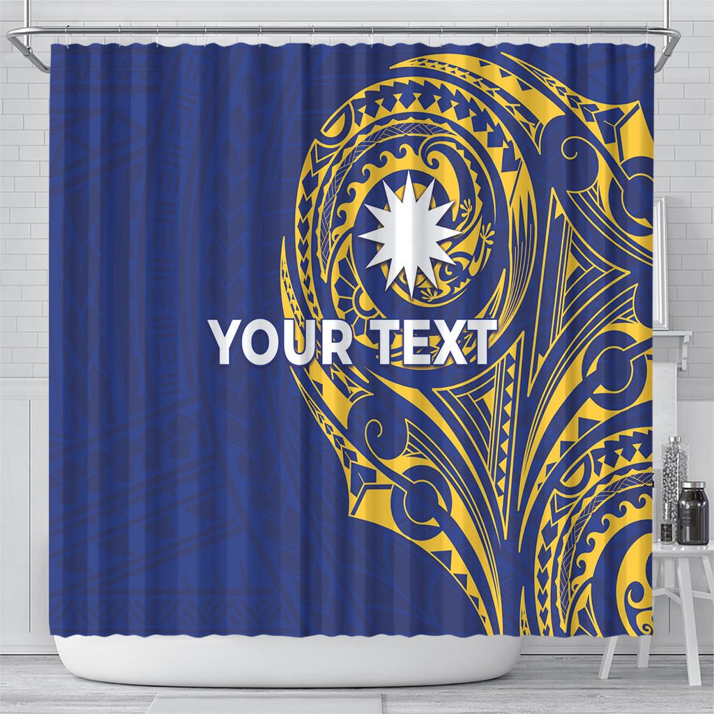 Personalised Nauru Angam Day Shower Curtain Gold Navy Tribal Pattern