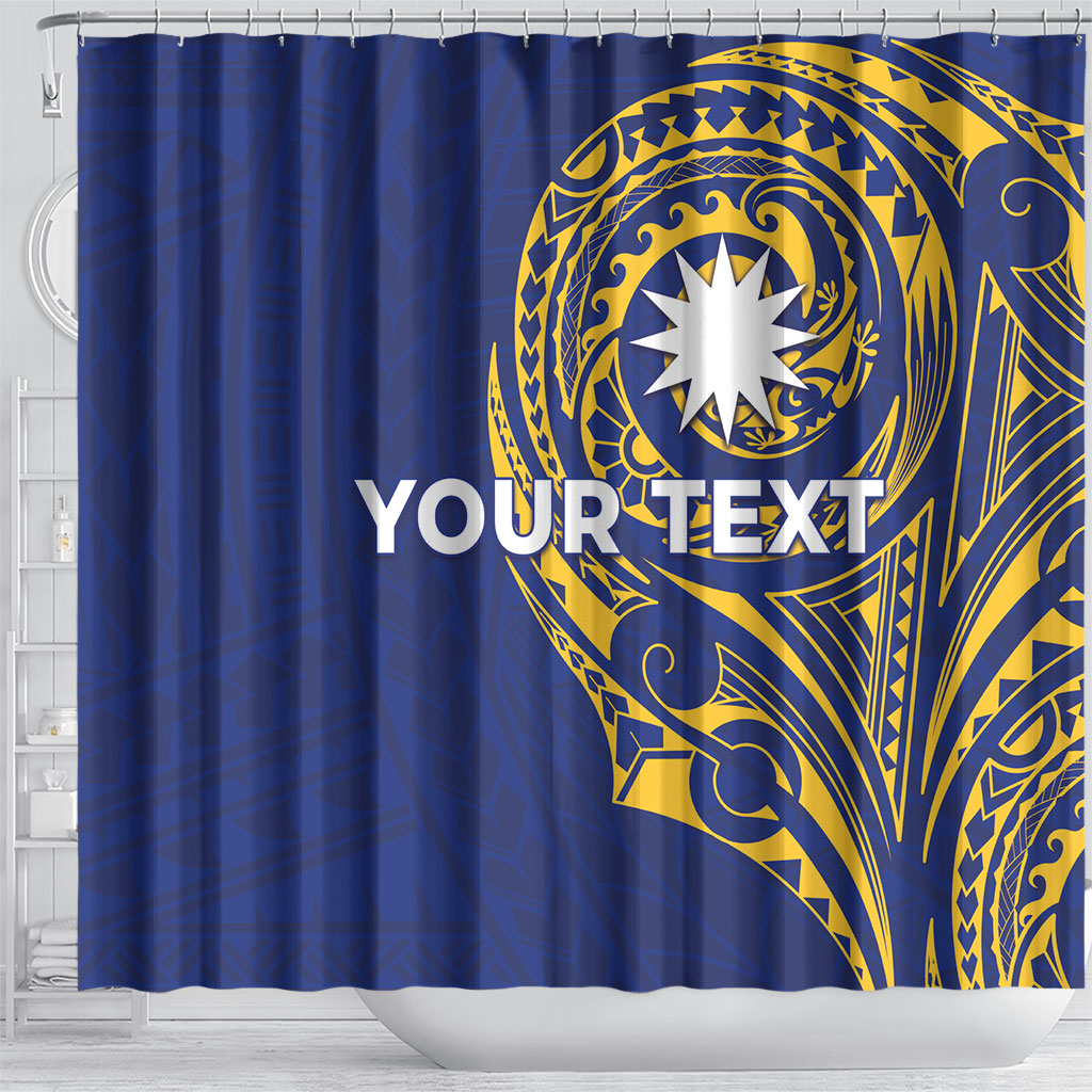 Personalised Nauru Angam Day Shower Curtain Gold Navy Tribal Pattern