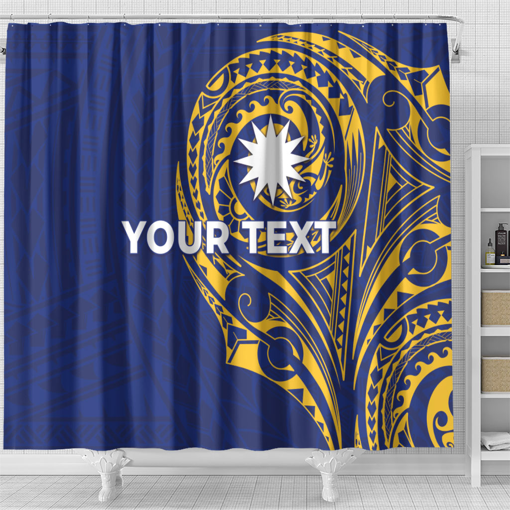 Personalised Nauru Angam Day Shower Curtain Gold Navy Tribal Pattern