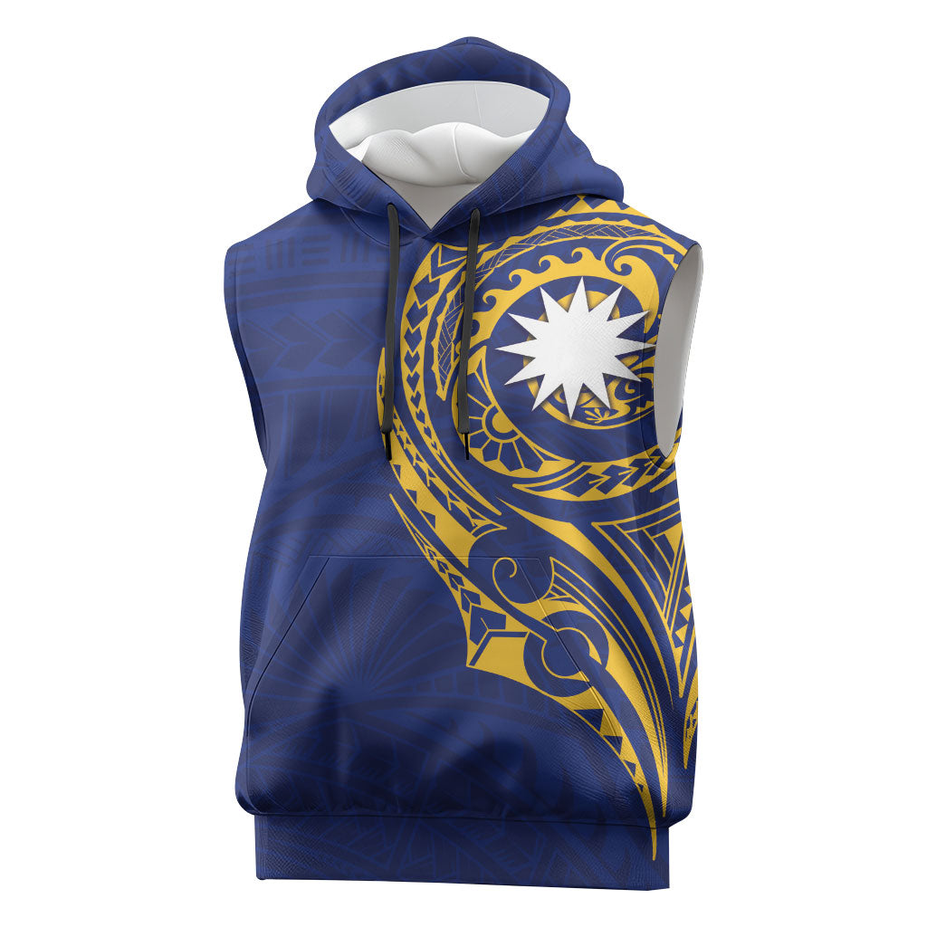 Personalised Nauru Angam Day Sleeveless Hoodie Gold Navy Tribal Pattern