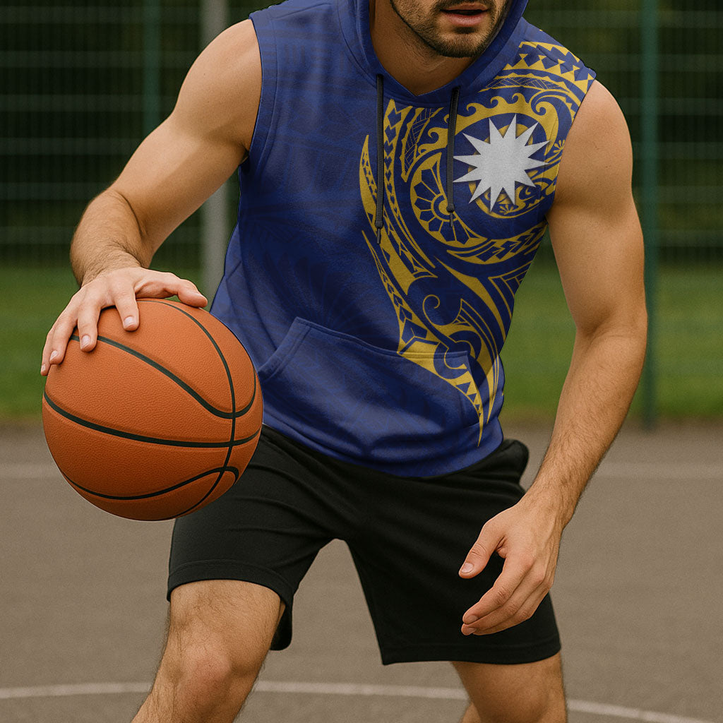 Personalised Nauru Angam Day Sleeveless Hoodie Gold Navy Tribal Pattern