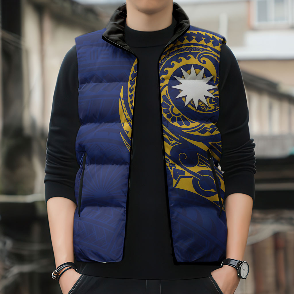 Personalised Nauru Angam Day Sleeveless Puffer Jacket Gold Navy Tribal Pattern