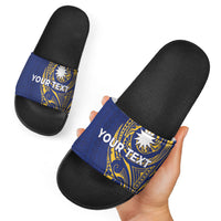 Personalised Nauru Angam Day Slide Sandals Gold Navy Tribal Pattern