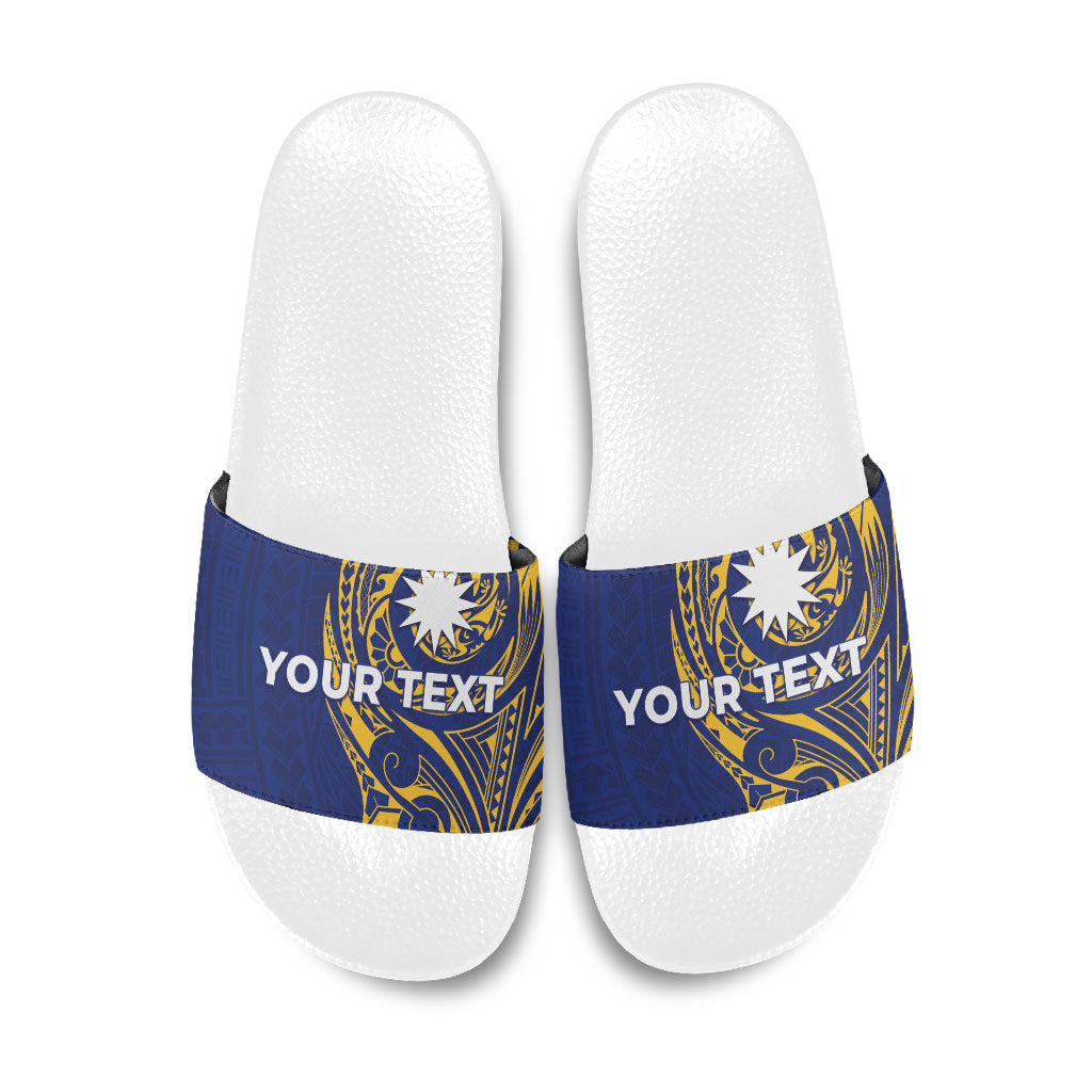 Personalised Nauru Angam Day Slide Sandals Gold Navy Tribal Pattern