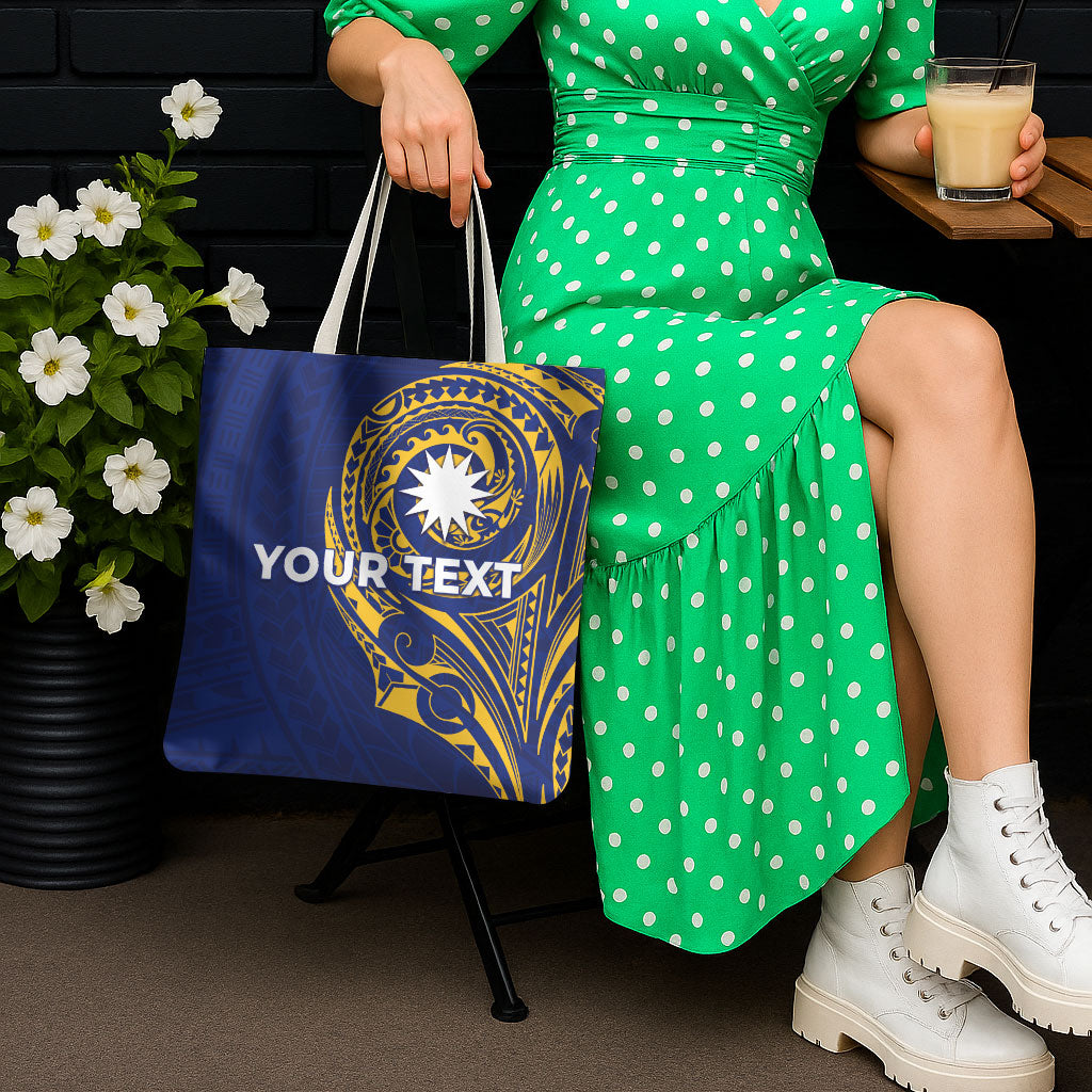 Personalised Nauru Angam Day Tote Bag Gold Navy Tribal Pattern