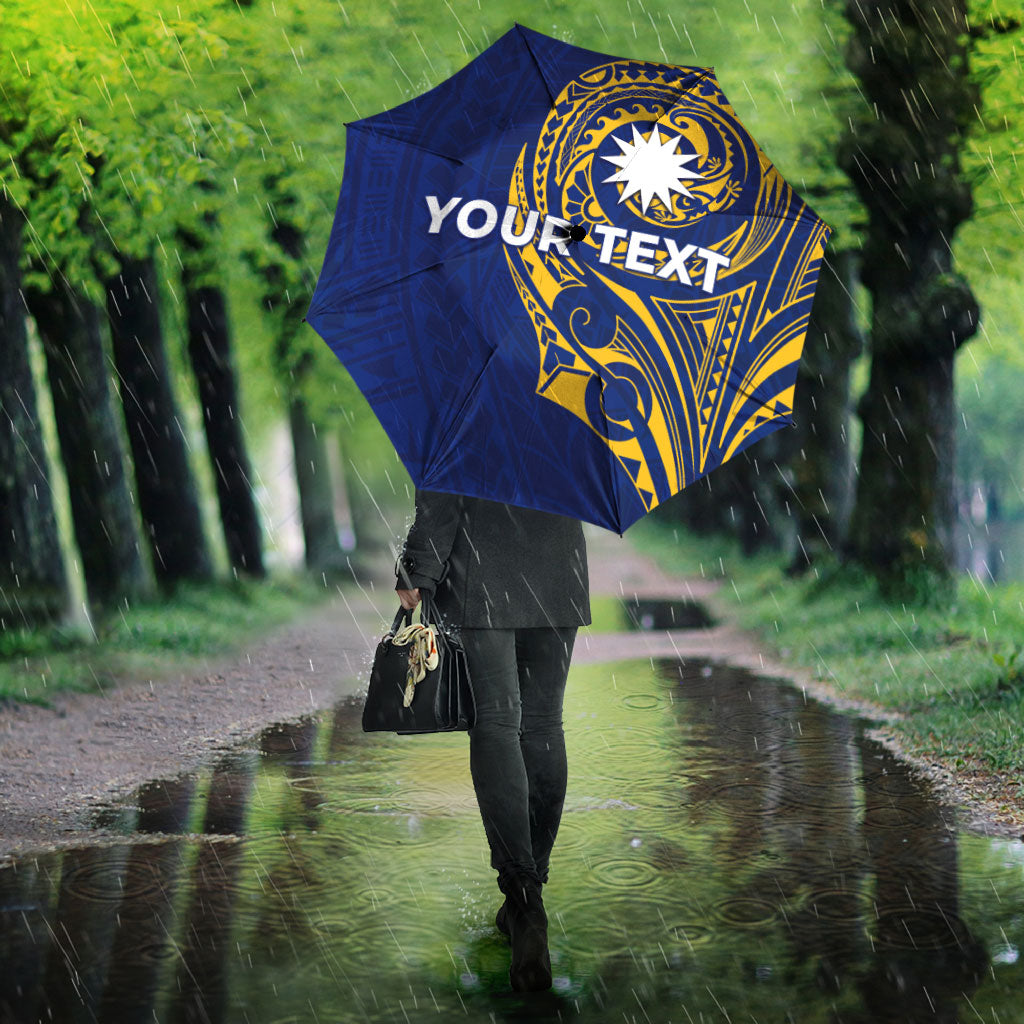 Personalised Nauru Angam Day Umbrella Gold Navy Tribal Pattern