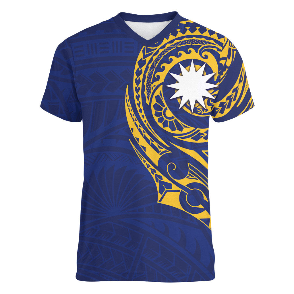 Personalised Nauru Angam Day Women V-Neck T-Shirt Gold Navy Tribal Pattern LT05 Female Blue - Polynesian Pride