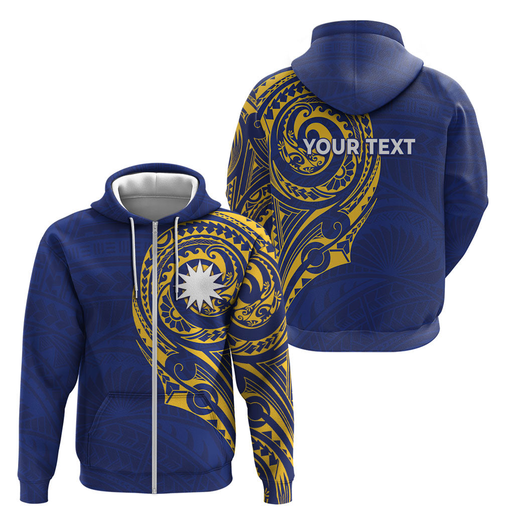 Personalised Nauru Angam Day Zip Hoodie Gold Navy Tribal Pattern