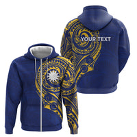 Personalised Nauru Angam Day Zip Hoodie Gold Navy Tribal Pattern
