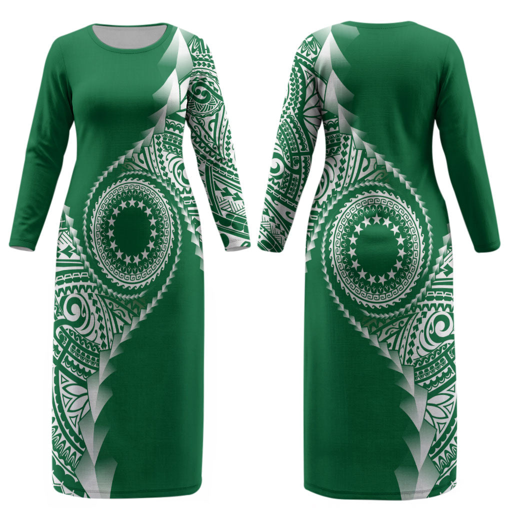 Cook Islands Gospel Day Couples Matching Long Sleeve Bodycon Dress and Hawaiian Shirt Green Tribal Curves