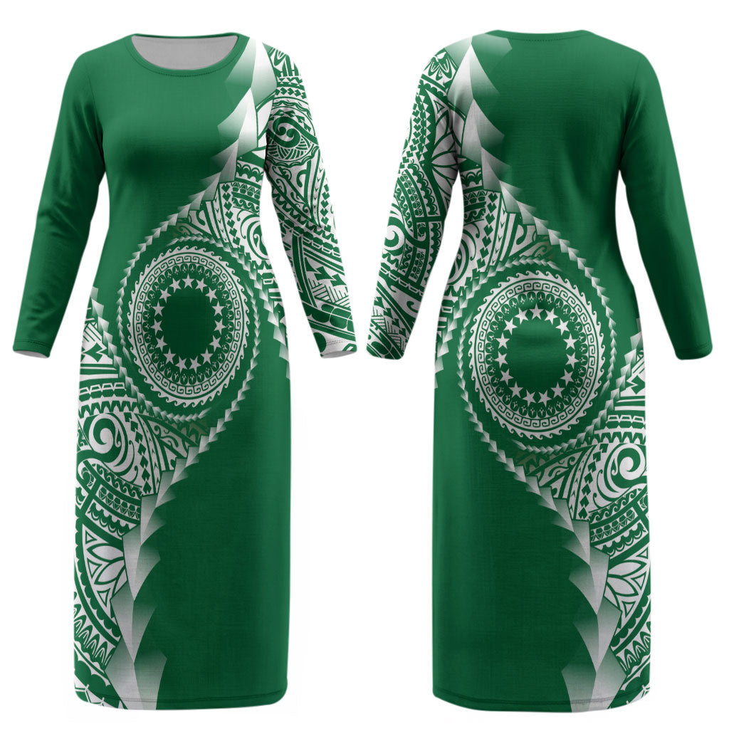 Cook Islands Gospel Day Couples Matching Long Sleeve Bodycon Dress and Long Sleeve Button Shirt Green Tribal Curves