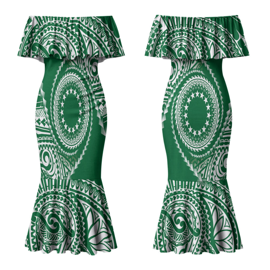 Cook Islands Gospel Day Couples Matching Mermaid Dress and Long Sleeve Button Shirt Green Tribal Curves