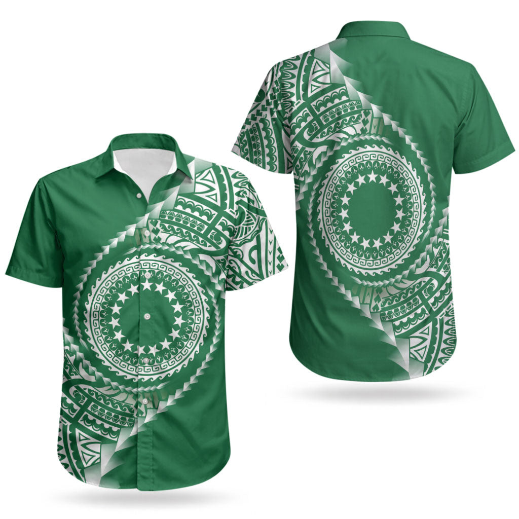 Cook Islands Gospel Day Couples Matching Off Shoulder Maxi Dress and Hawaiian Shirt Green Tribal Curves