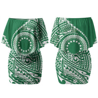 Cook Islands Gospel Day Couples Matching Off Shoulder Short Dress and Long Sleeve Button Shirt Green Tribal Curves