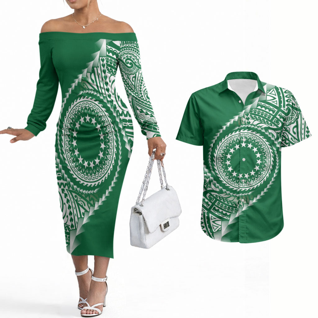 Cook Islands Gospel Day Couples Matching Off The Shoulder Long Sleeve Dress and Hawaiian Shirt Green Tribal Curves