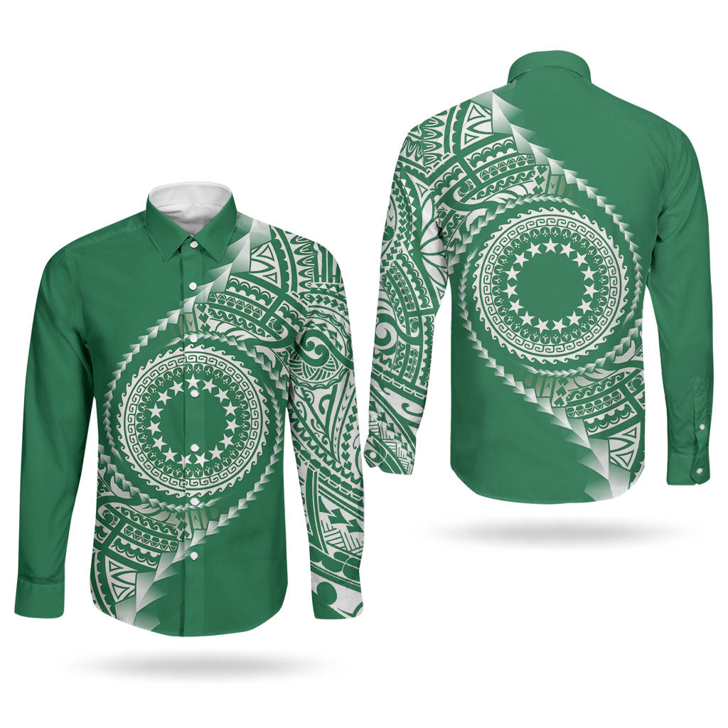 Cook Islands Gospel Day Couples Matching Puletasi and Long Sleeve Button Shirt Green Tribal Curves