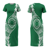 Cook Islands Gospel Day Couples Matching Short Sleeve Bodycon Dress and Hawaiian Shirt Green Tribal Curves