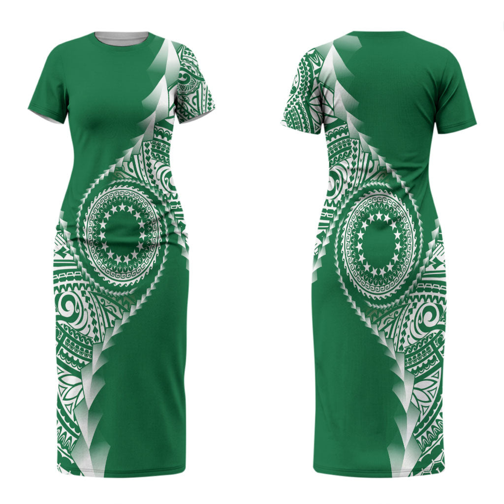 Cook Islands Gospel Day Couples Matching Short Sleeve Bodycon Dress and Long Sleeve Button Shirt Green Tribal Curves