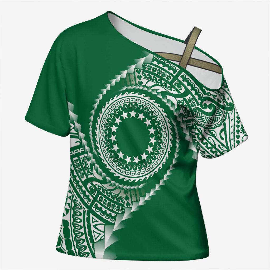 Cook Islands Gospel Day Cross Shoulder Shirt Green Tribal Curves LT05 Female Green - Polynesian Pride