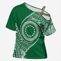 Cook Islands Gospel Day Cross Shoulder Shirt Green Tribal Curves LT05 Female Green - Polynesian Pride