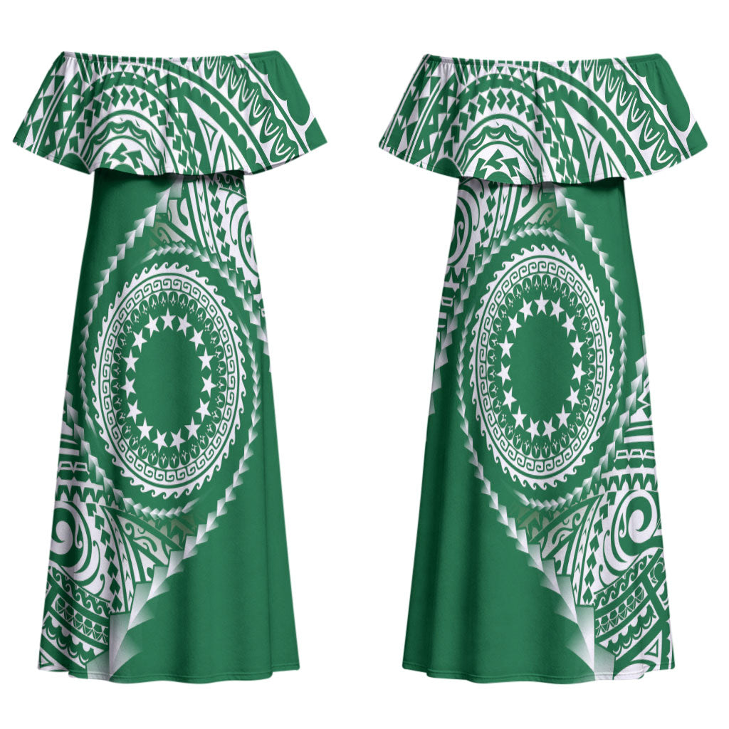 Cook Islands Gospel Day Family Matching Off Shoulder Maxi Dress and Hawaiian Shirt Green Tribal Curves