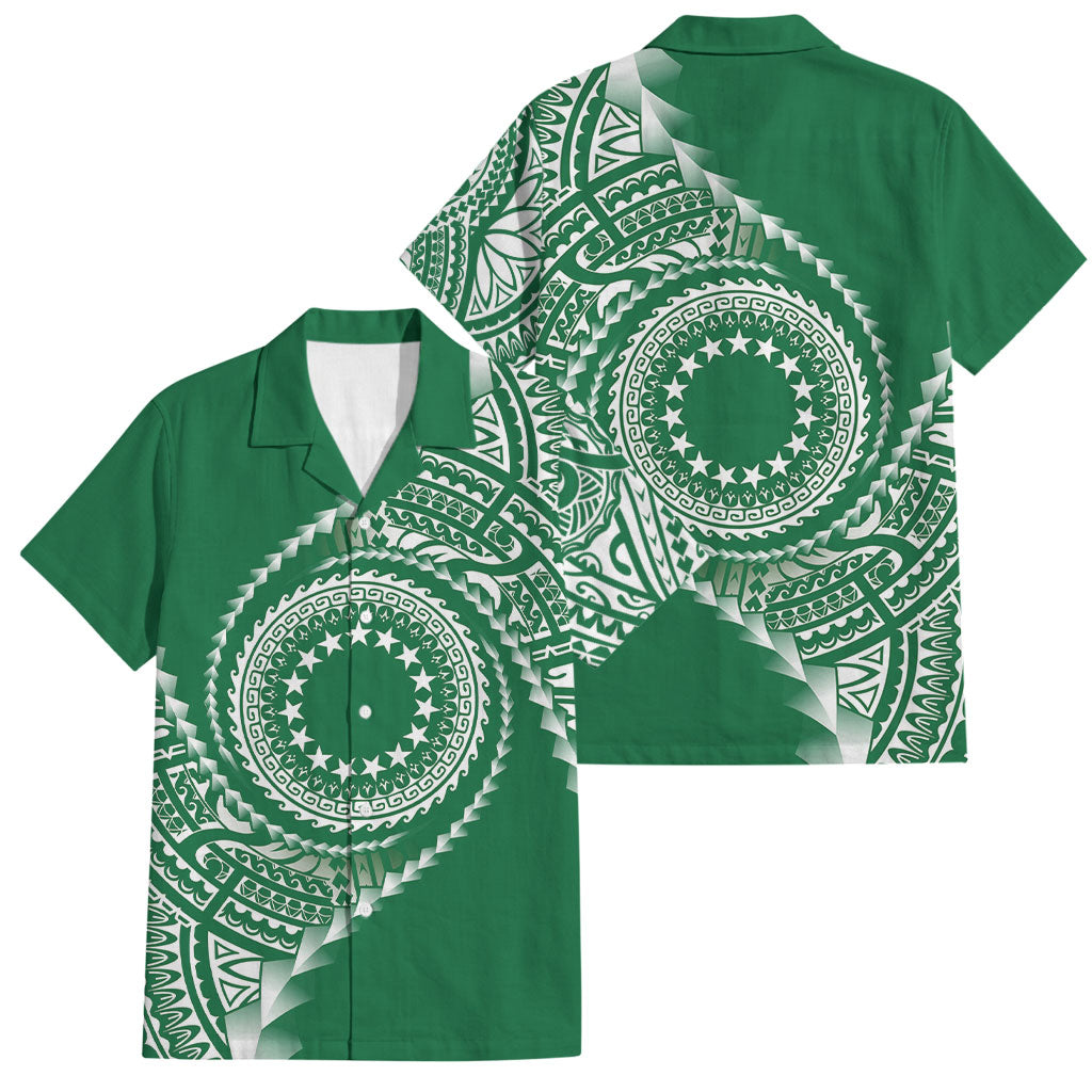 Cook Islands Gospel Day Family Matching Off Shoulder Short Dress and Hawaiian Shirt Green Tribal Curves