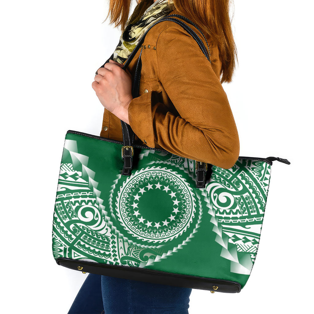 Cook Islands Gospel Day Leather Tote Bag Green Tribal Curves