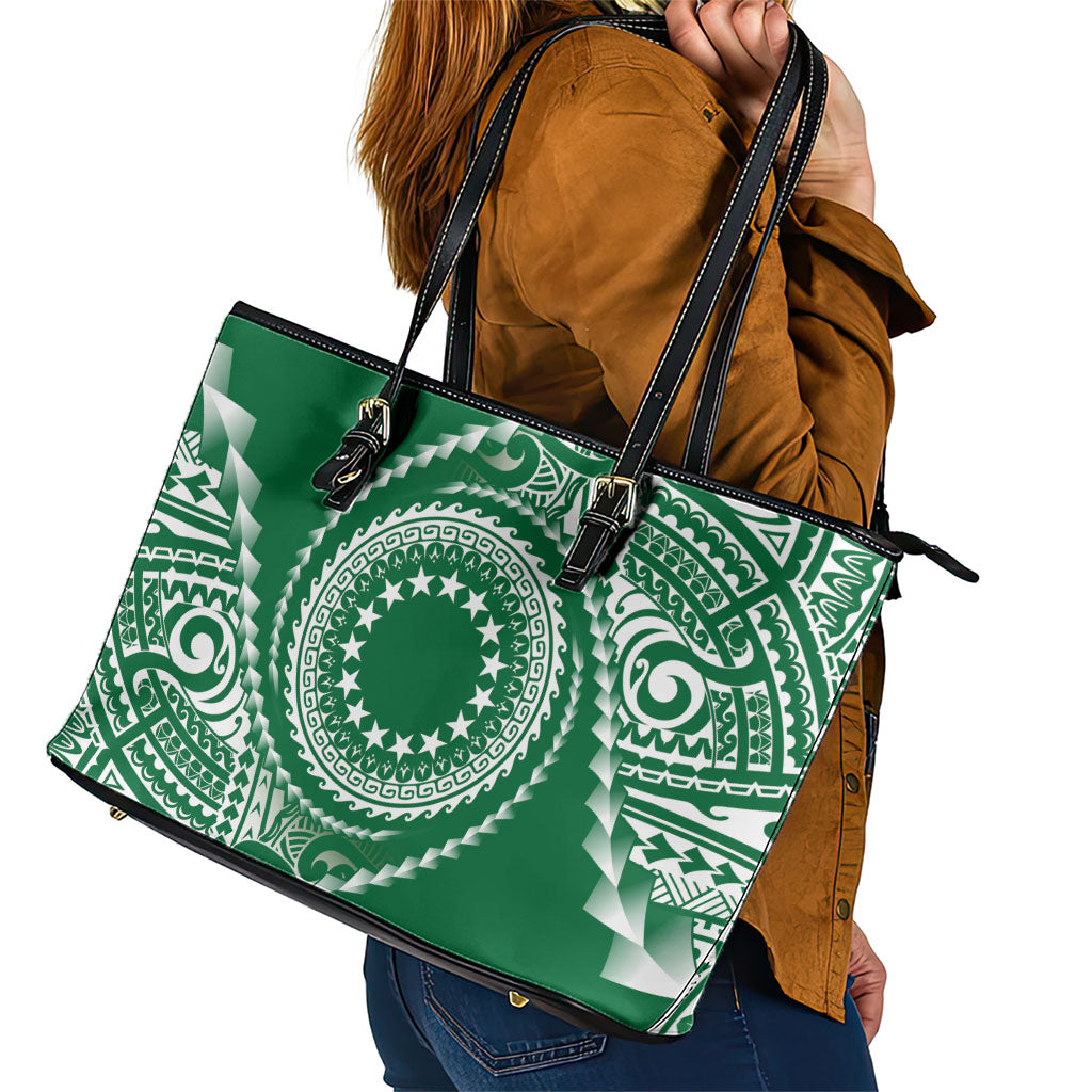 Cook Islands Gospel Day Leather Tote Bag Green Tribal Curves