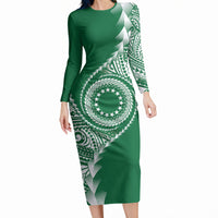 Cook Islands Gospel Day Long Sleeve Bodycon Dress Green Tribal Curves