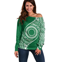 Cook Islands Gospel Day Off Shoulder Sweater Green Tribal Curves