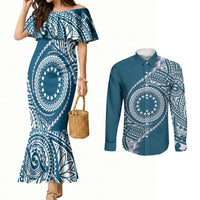Cook Islands Gospel Day Couples Matching Mermaid Dress and Long Sleeve Button Shirt Blue Tribal Curves