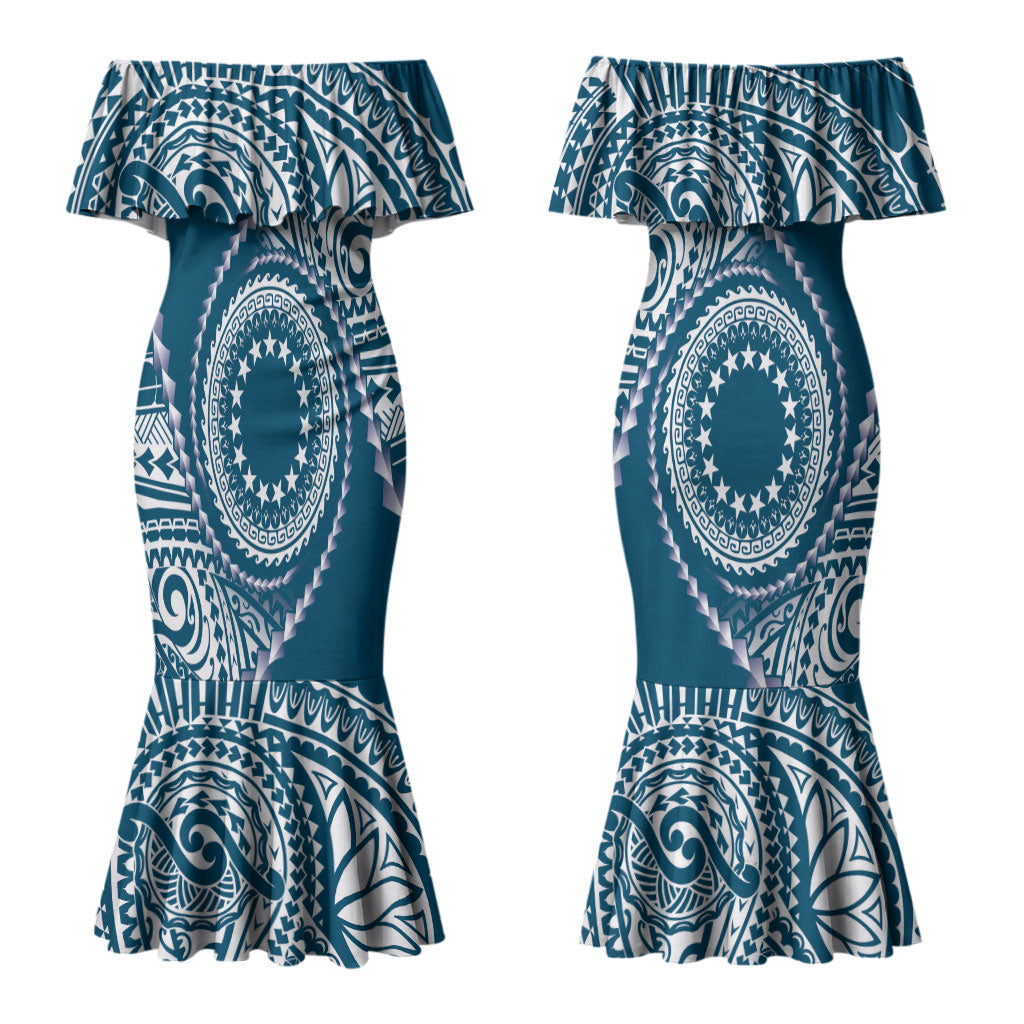 Cook Islands Gospel Day Couples Matching Mermaid Dress and Long Sleeve Button Shirt Blue Tribal Curves