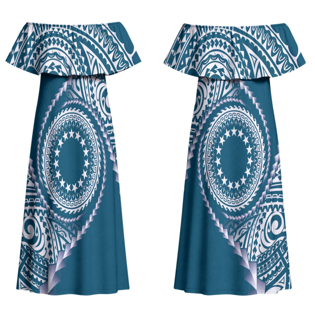 Cook Islands Gospel Day Couples Matching Off Shoulder Maxi Dress and Hawaiian Shirt Blue Tribal Curves